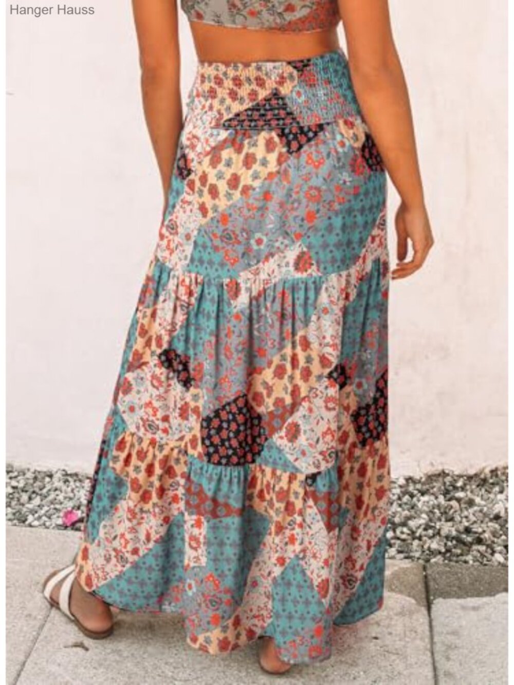 Womens Floral Print Boho Maxi Skirt Elastic High Waist Pleated Ruffle Flowy - Picture 4 of 6